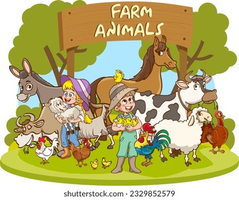 Vector illustration cartoon of happy farm animals.