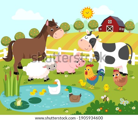 Vector illustration cartoon of happy farm animals.