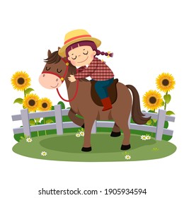 Vector Illustration Cartoon Of Happy Girl Riding And Hugging Her Horse.