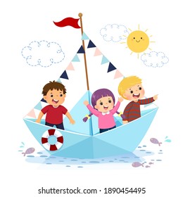 Vector illustration cartoon of happy kids floating on a paper boat on the water.