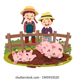 Vector illustration cartoon of happy kids looking at pig and piglet playing in mud puddle.