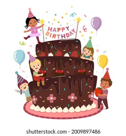 Vector Illustration Cartoon Of Happy Kids Decorating Birthday Cake.