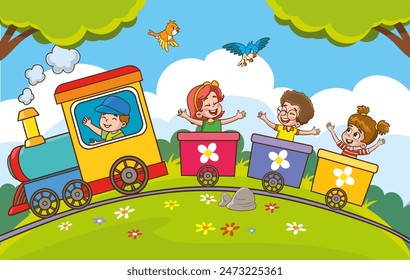 Vector illustration cartoon of happy kids with the train.Funny Children Riding On The Train