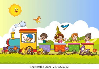 Ilustración vectorial de dibujos animados de niños felices con el tren. Niños divertidos montando en el tren