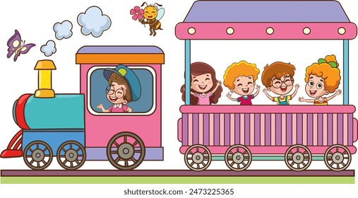 Vector illustration cartoon of happy kids with the train.Funny Children Riding On The Train