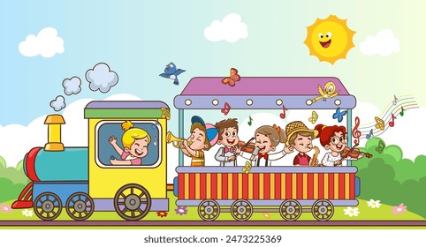 Ilustración vectorial de dibujos animados de niños felices con el tren. Niños divertidos montando en el tren