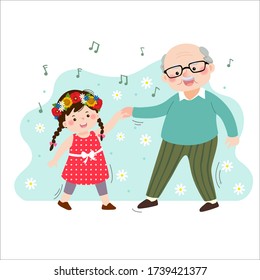 Vector illustration of cartoon happy old elderly grandpa dancing with his little granddaughter. Family enjoying time at home concept.