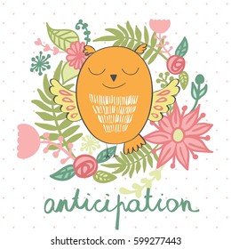 vector illustration of a cartoon happy owl. Anticipation.
