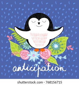 vector illustration of a cartoon happy penguin. Anticipation.
