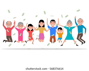 Vector illustration of a cartoon happy people received the money, the prize winnings. Isolated on white background. Happy family won a prize. Falling from above money to people. Flat style.