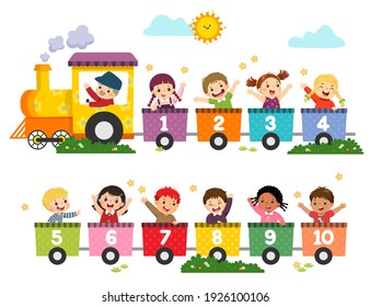Vector illustration cartoon of happy preschool kids with the train numbers. Card for learning numbers.