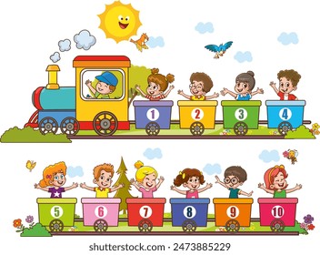 Caricatura de Ilustración vectorial de niños felices en edad preescolar con los números de tren. Tarjeta para números de aprendizaje.