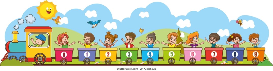 Caricatura de Ilustración vectorial de niños felices en edad preescolar con los números de tren. Tarjeta para números de aprendizaje.