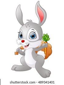 Vector illustration of Cartoon happy rabbit holding a carrot and a sack