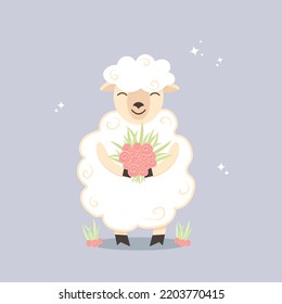 Vector illustration of Cartoon happy sheep with flovers isolated on colored background
