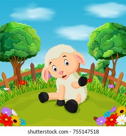 vector illustration of Cartoon happy sheep smile in the farm
