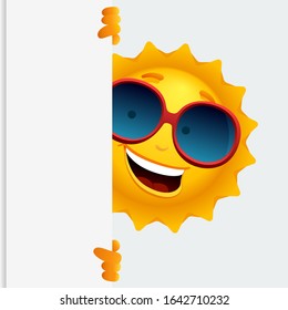 Vector illustration of cartoon happy sun character showing board