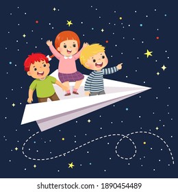 Vector Illustration Cartoon Of Happy Three Kids Flying On The Paper Airplane In The Starry Sky At Night.