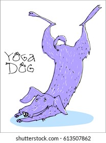 Vector illustration with cartoon happy violet dog doing yoga exercise " Locust pose " on a white background. Sports, healthy. 