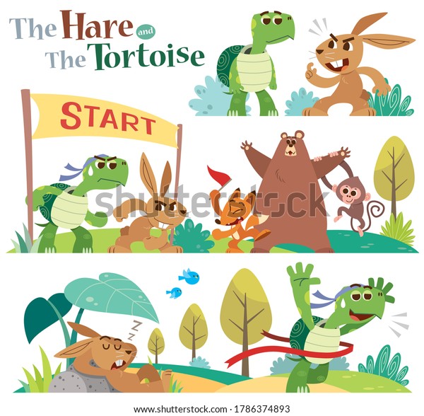 Vector Illustration of Cartoon the hare and\
the tortoise character set.  Turtle and rabbit racing. Fairy fable\
tale characters.