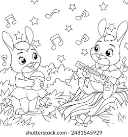 Vector illustration, cartoon hares playing guitar listening to music in the forest, book coloring