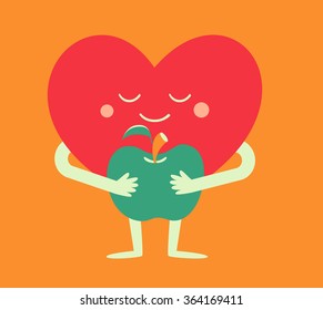 Vector illustration of a cartoon heart character holding an apple, standing with closed eyes.