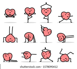 vector illustration of cartoon heart characters doing yoga