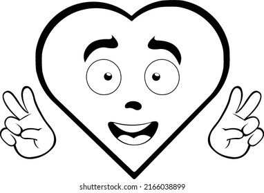Vector illustration of cartoon heart making the classic gesture of love and peace with the hands, the outlines of the character are drawn in black, the fill in white