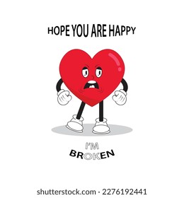 Vector illustration of cartoon heart mascot feeling disappointed and wishing you happiness. Character vector illustration with quotes about life.
