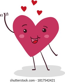 Vector illustration of a cartoon heart smiling and waving, with floating hearts above it.