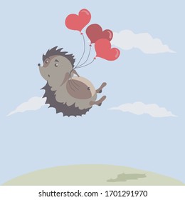 Vector illustration of a cartoon hedgehog flying with balloons in blue sky