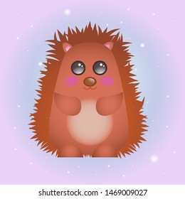 Vector illustration of a cartoon hedgehog on a bright background with sparkles for printing, textile, web-design