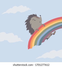 Vektorillustration-Illustration eines Cartoon-Hedgehog auf einem Regenbogen in blauem Himmel