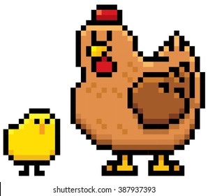 Vector illustration of cartoon Hen and chick - Pixel design