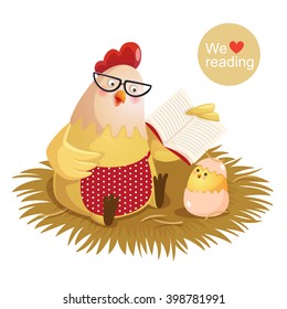 Vector illustration of cartoon hen and chick reading a book