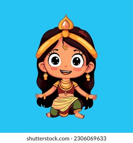 Vector illustration. Cartoon Hindu girl on a blue background.