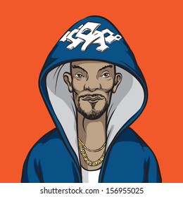 Vector illustration of cartoon hip-hop performer. Easy-edit layered vector EPS10 file scalable to any size without quality loss. High resolution raster JPG file is included.