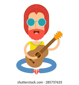 Vector illustration of cartoon hippie man playing guitar and singing