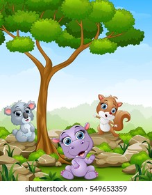 Vector illustration of Cartoon hippo with koala and squirrel in the jungle