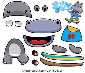 Vector illustration of cartoon hippo playing skateboard. Cutout and gluing