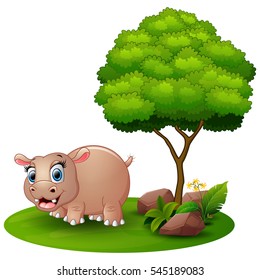 Vector illustration of Cartoon hippo under a tree on a white background