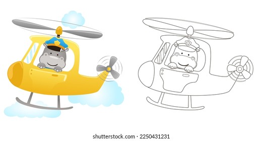 Vector illustration of cartoon hippo wearing pilot cap on helicopter. Coloring book or page for kids 