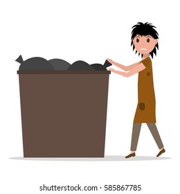 Vector illustration cartoon hobo homeless jobless woman to garbage can, dumpster. Isolated white background. Young beggar woman rummaged in trash can. Flat style. Female poverty, hopelessness, misery.