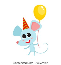 Vector illustration of cartoon holiday funny mouse isolated on white background. Cute, funny animal, mouse character with balloon used for magazine, book, poster, card, web pages.