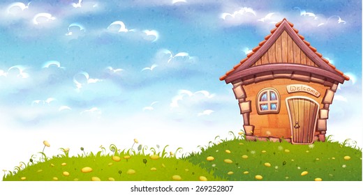 Vector illustration of cartoon home on meadow.