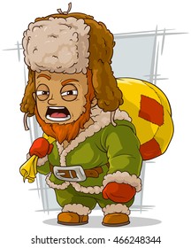 A vector illustration of cartoon homeless man with bag
