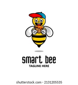 vector illustration of cartoon honey bee wearing a hat