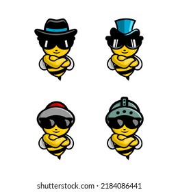 vector illustration of cartoon honey bee wearing various hats and sunglasses