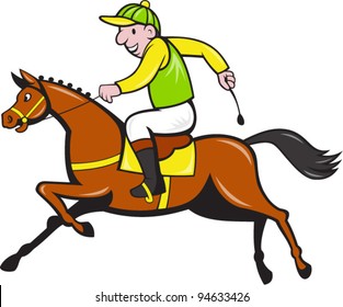 Vector Illustration Of A Cartoon Horse And Equestrian Jockey Racing Viewed From Side.