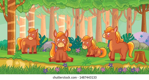 Vector illustration of Cartoon horses in the jungle